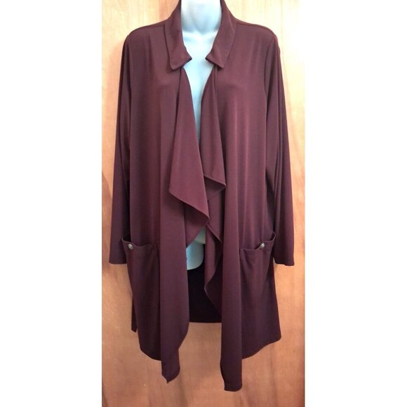 Susan Graver Womens Plus 1X Cardigan Top Burgundy Stretch Open Front Long Sleeve - Picture 1 of 5